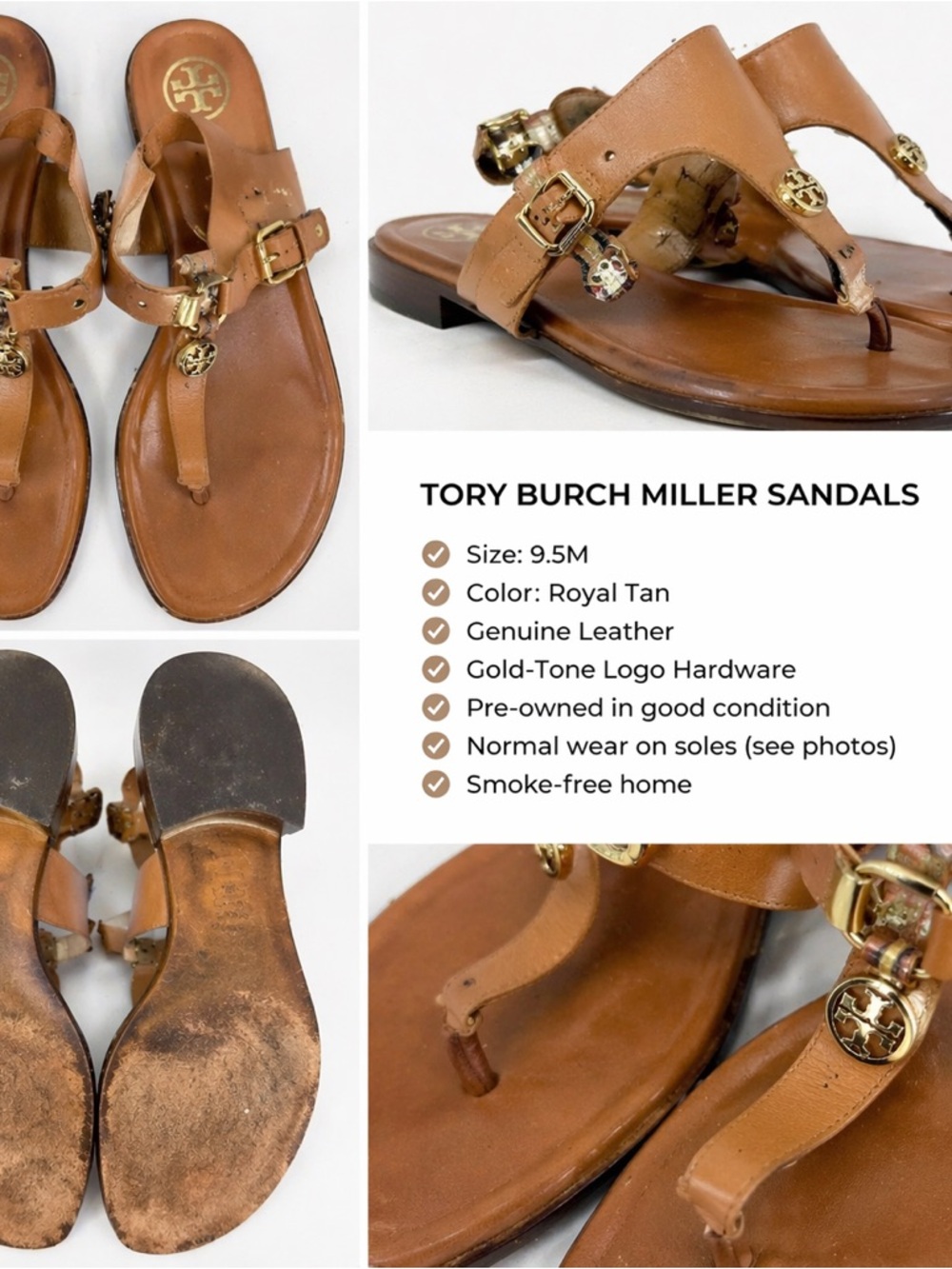 Tory Burch Miller Sandals Brown Leather Logo Thong Size 9.5 - Picture 3 of 3